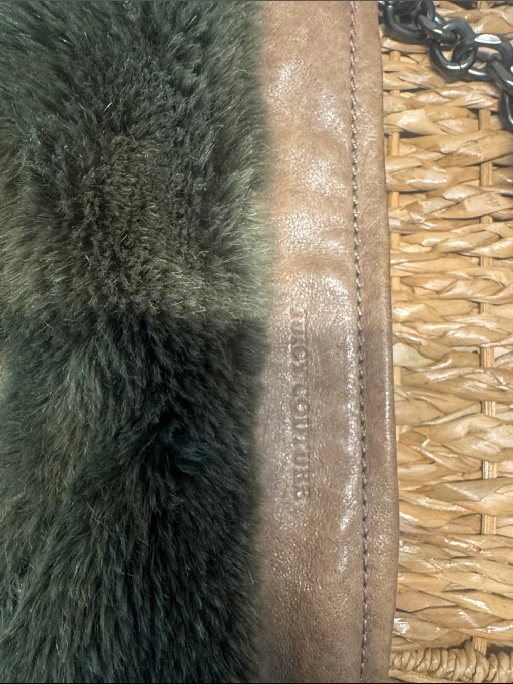 Juicy Couture Olive Faux Fur Clutch with Tan Leather Trim and Tassel